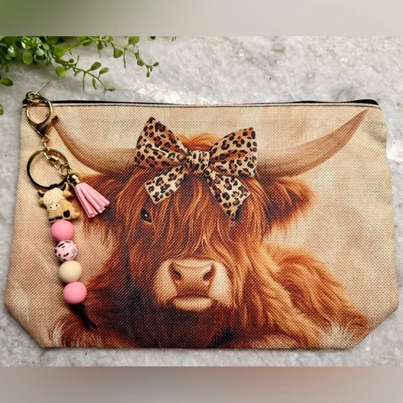 New Highland Cow w/ Leopard Bow Makeup Tech Pencil Bag w/ Pink Keychain - 10.5” - Picture 2 of 8